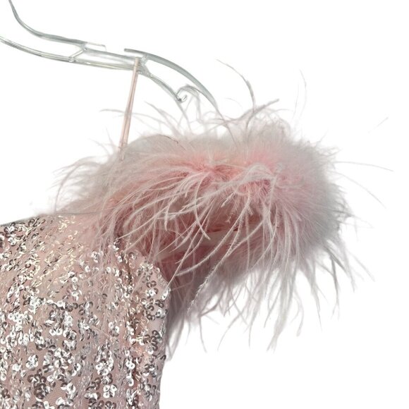 Alyce Paris 4498 Sequined Fitted Mini Dress Off Shoulder Feathers Pink Sz 4 New - Picture 4 of 10